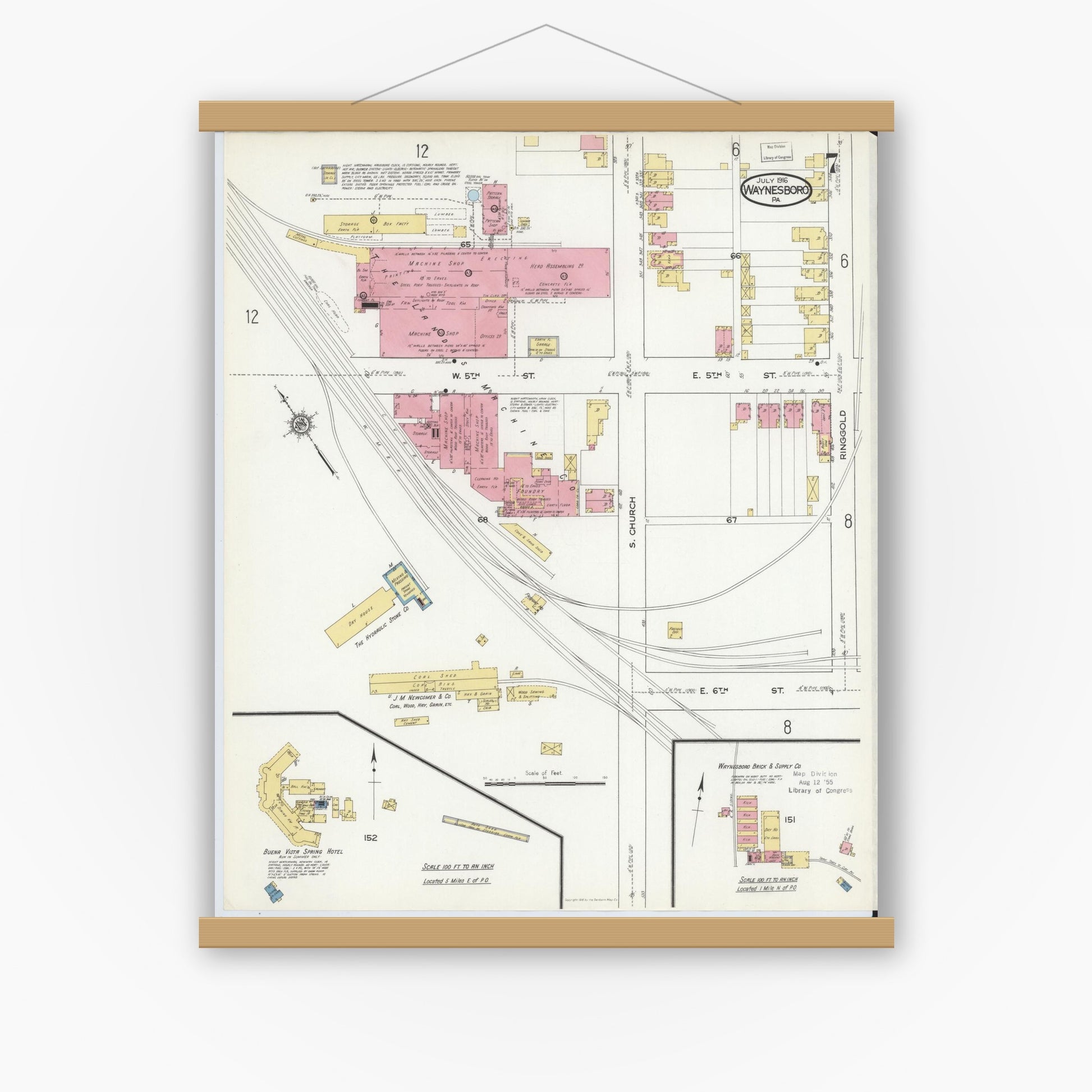 Old map wall art mockup — magnetic wood frame on white wall — Sanborn Fire Insurance Map from Waynesboro, Franklin County, Pennsylvania (1916), Sheet #0007