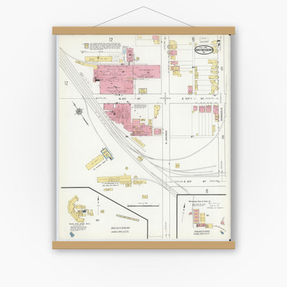 Old map wall art mockup — magnetic wood frame on white wall — Sanborn Fire Insurance Map from Waynesboro, Franklin County, Pennsylvania (1916), Sheet #0007