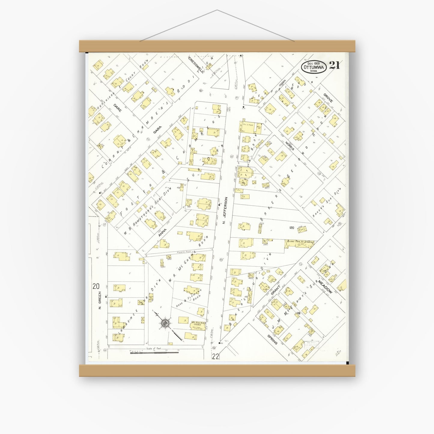 Old map wall art mockup — magnetic wood frame on white wall — Sanborn Fire Insurance Map from Ottumwa, Wapello County, Iowa (1909), Sheet #0021