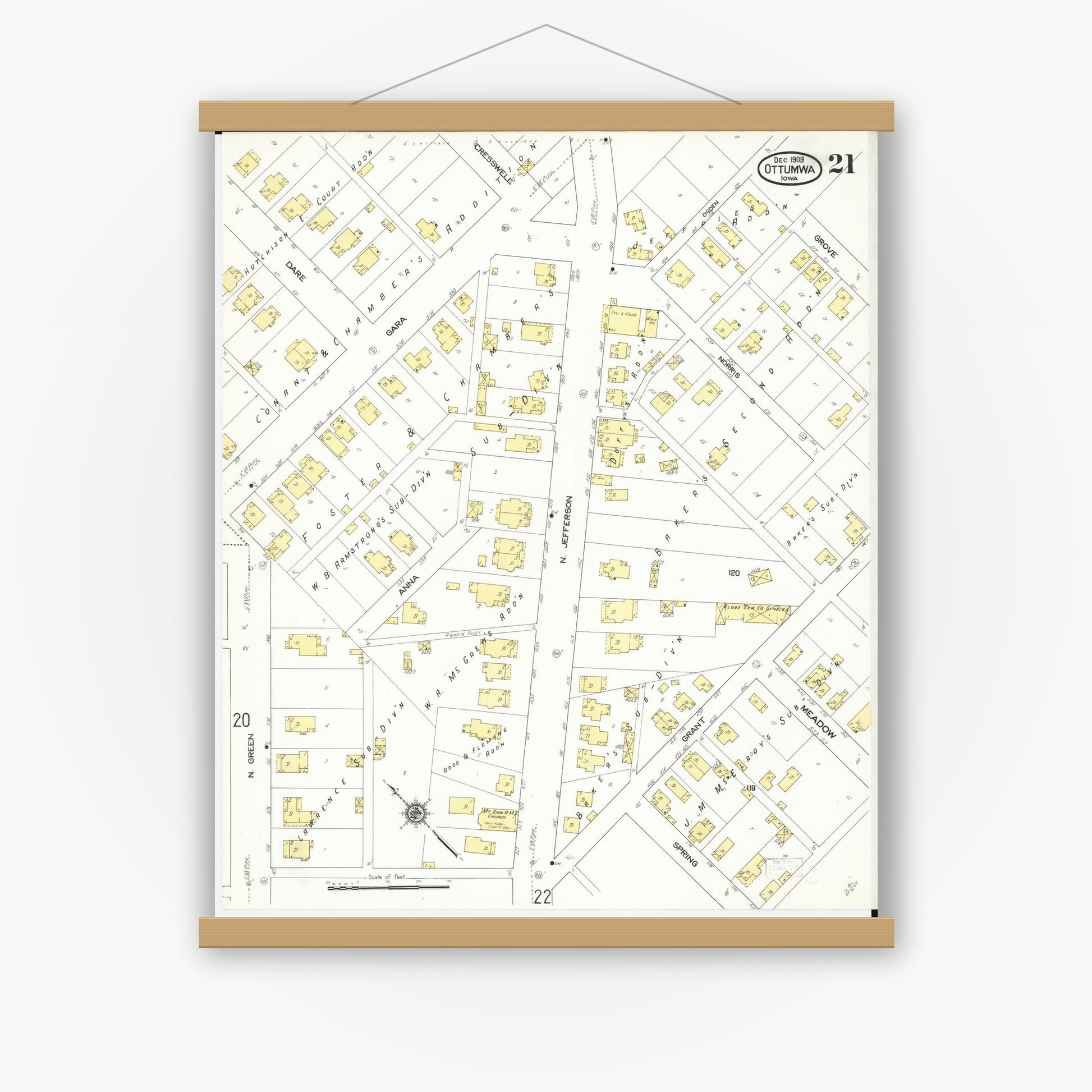 Old map wall art mockup — magnetic wood frame on white wall — Sanborn Fire Insurance Map from Ottumwa, Wapello County, Iowa (1909), Sheet #0021