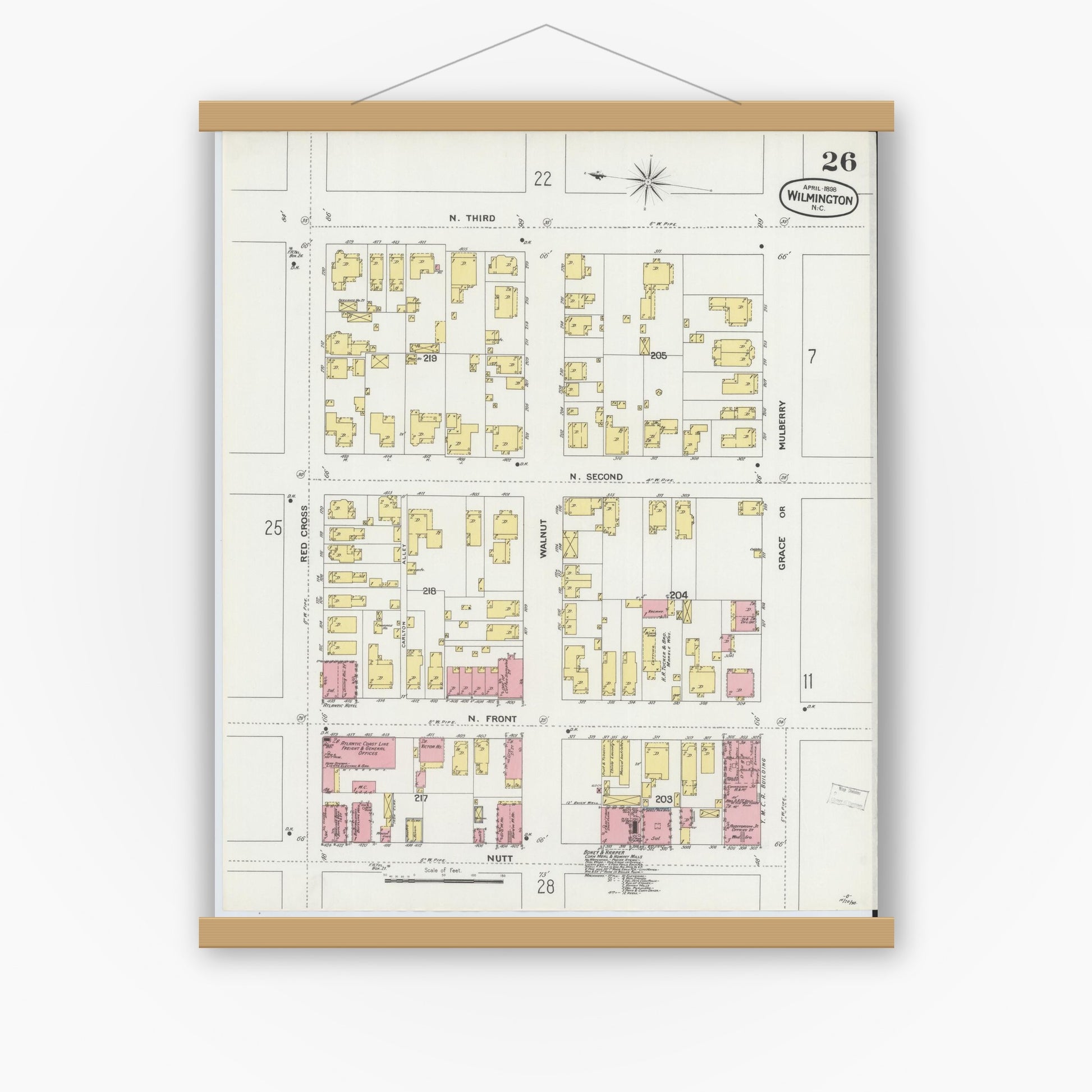 Old map wall art mockup — magnetic wood frame on white wall — Sanborn Fire Insurance Map from Wilmington, New Hanover County, North Carolina (1898), Sheet #0026