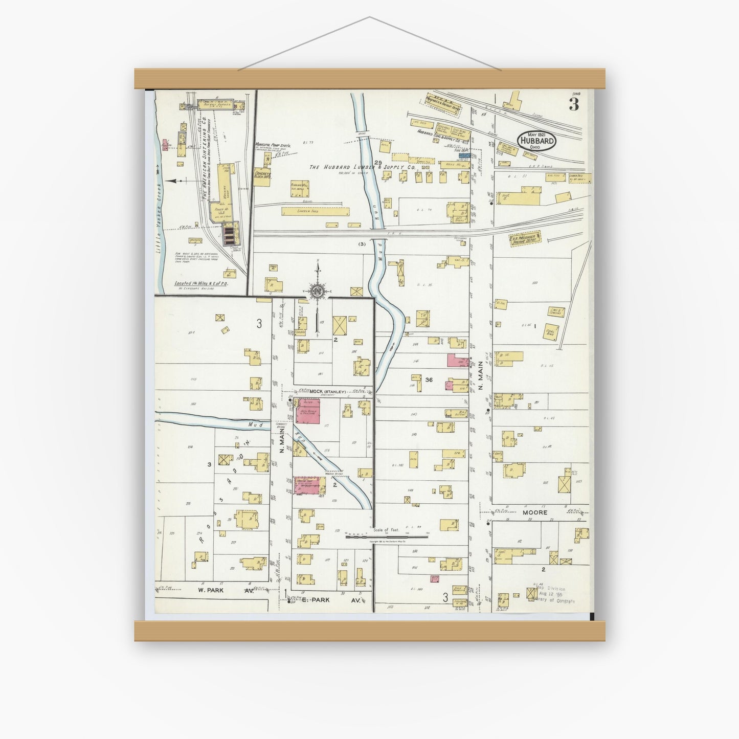 Old map wall art mockup — magnetic wood frame on white wall — Sanborn Fire Insurance Map from Hubbard, Trumbull County, Ohio (1921), Sheet #0003