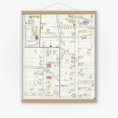 Old map wall art mockup — magnetic wood frame on white wall — Sanborn Fire Insurance Map from Hubbard, Trumbull County, Ohio (1921), Sheet #0003