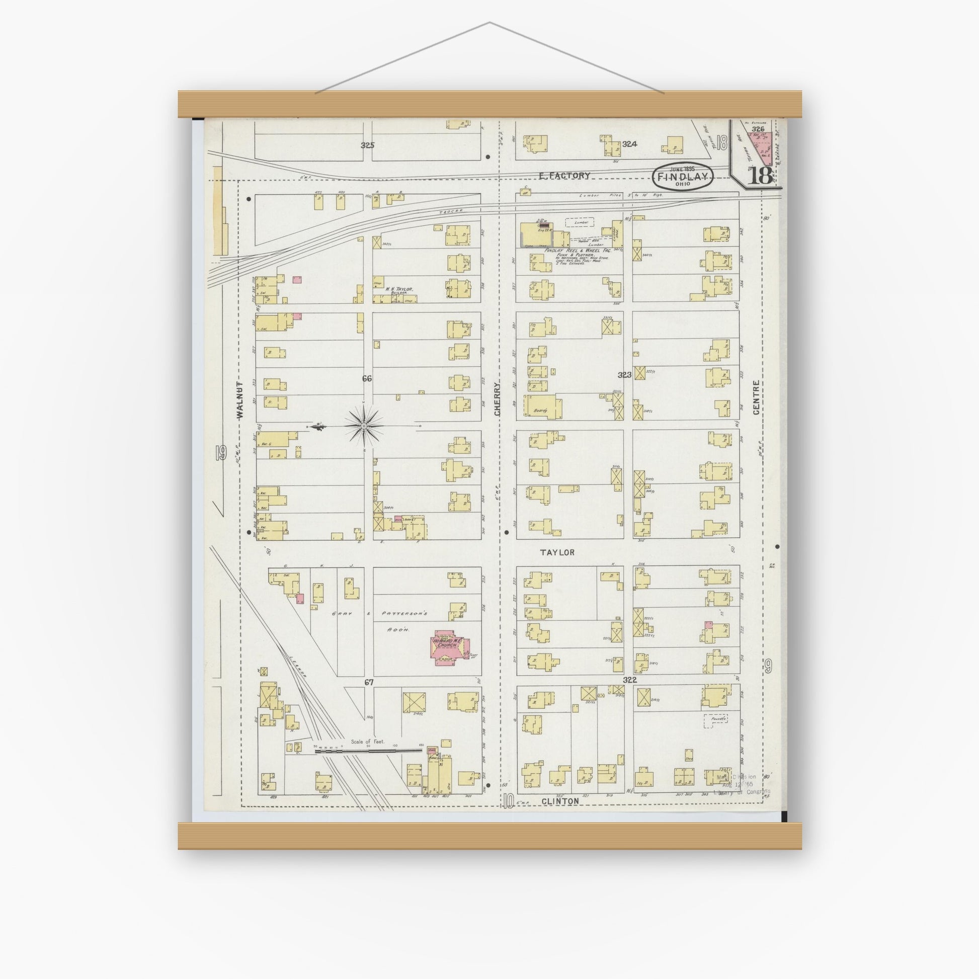 Old map wall art mockup — magnetic wood frame on white wall — Sanborn Fire Insurance Map from Findlay, Hancock County, Ohio (1895), Sheet #0018