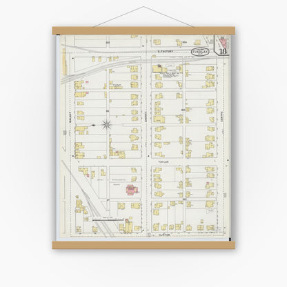 Old map wall art mockup — magnetic wood frame on white wall — Sanborn Fire Insurance Map from Findlay, Hancock County, Ohio (1895), Sheet #0018