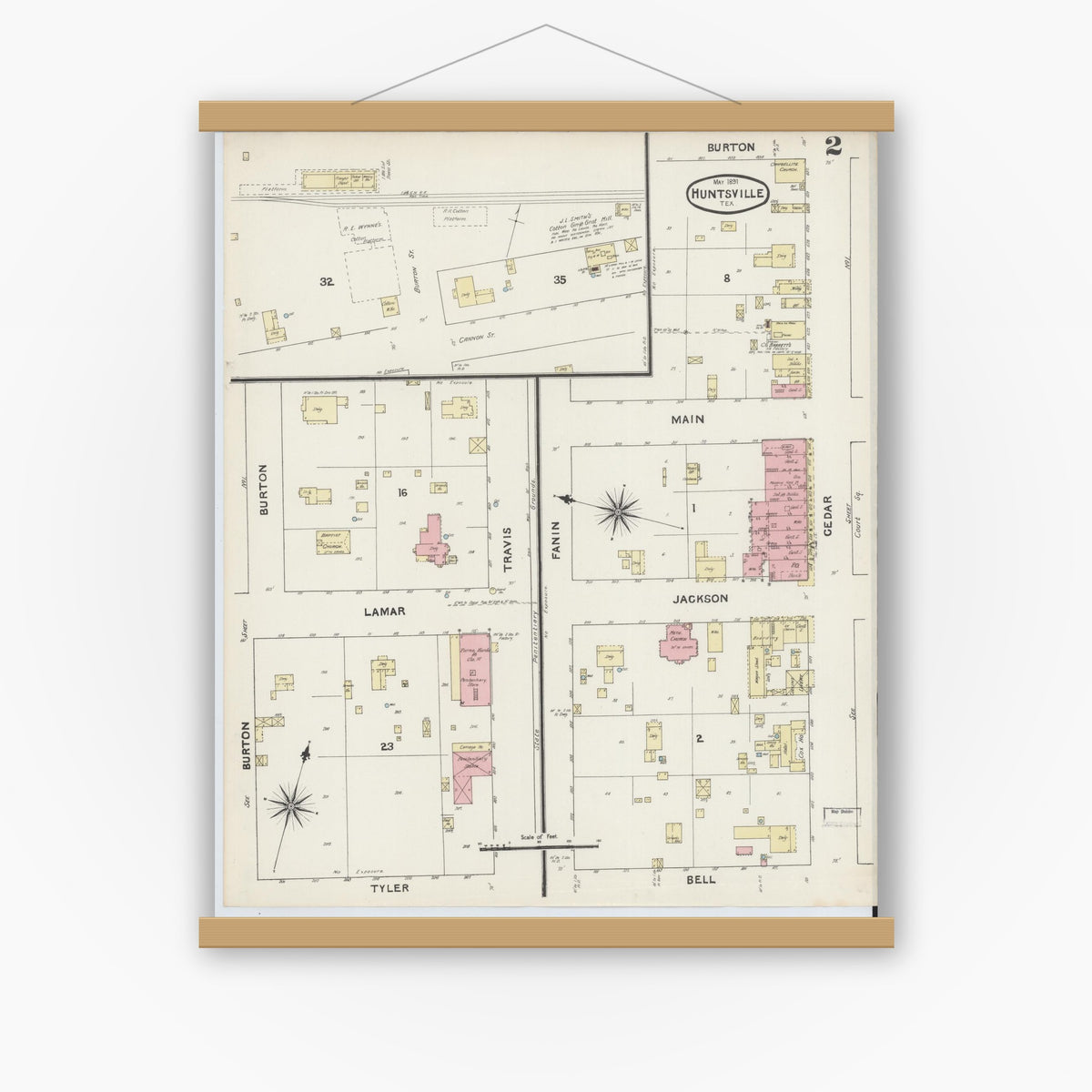Old map wall art mockup — magnetic wood frame on white wall — Sanborn Fire Insurance Map from Huntsville, Walker County, Texas (1891), Sheet #0002