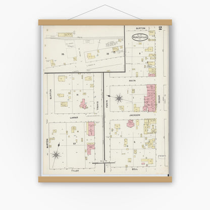 Old map wall art mockup — magnetic wood frame on white wall — Sanborn Fire Insurance Map from Huntsville, Walker County, Texas (1891), Sheet #0002