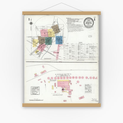 Old map wall art mockup — magnetic wood frame on white wall — Sanborn Fire Insurance Map from Minerva, Stark And Carroll Counties, Ohio (1925), Sheet #0001
