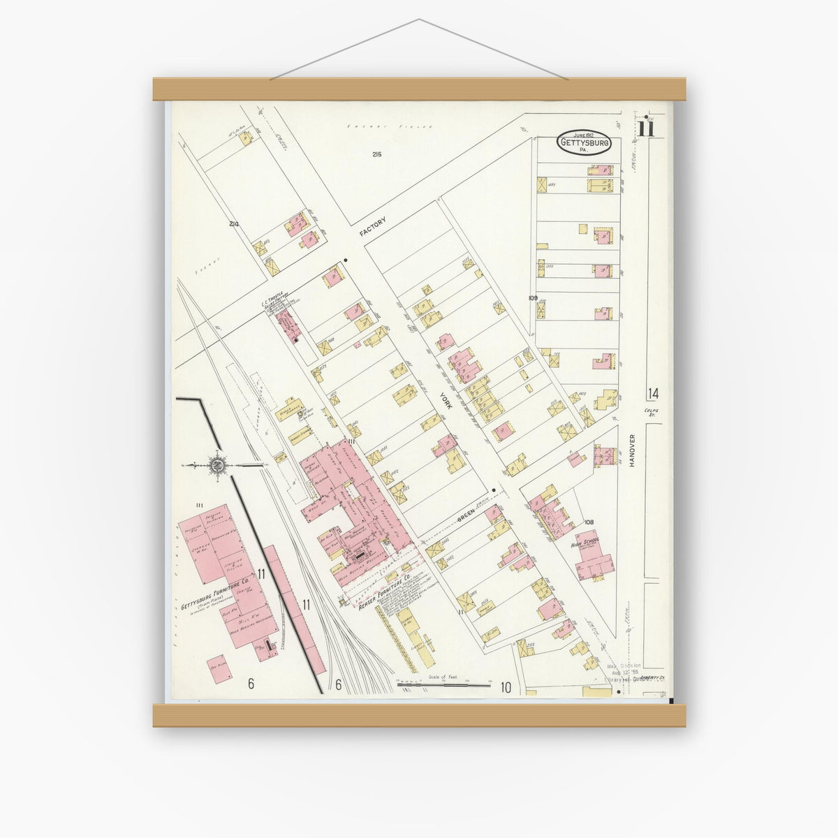 Old map wall art mockup — magnetic wood frame on white wall — Sanborn Fire Insurance Map from Gettysburg, Adams County, Pennsylvania (1912), Sheet #0011