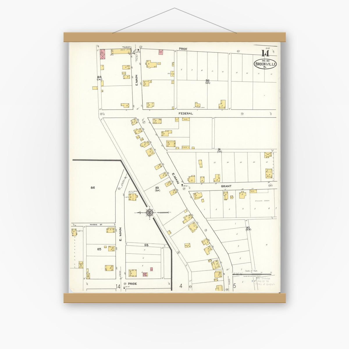 Old map wall art mockup — magnetic wood frame on white wall — Sanborn Fire Insurance Map from Brookville, Jefferson County, Pennsylvania (1921), Sheet #0014