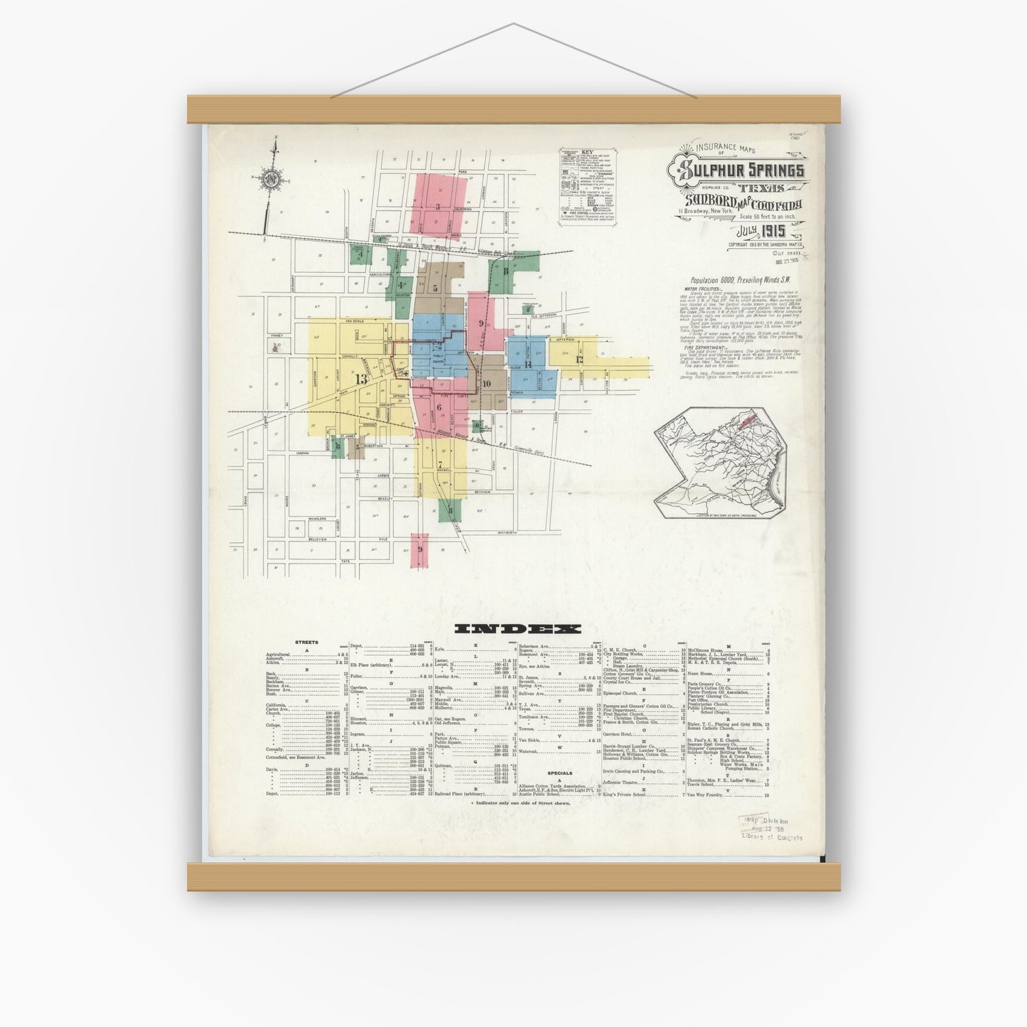 Old map wall art mockup — magnetic wood frame on white wall — Sanborn Fire Insurance Map from Sulphur Springs, Hopkins County, Texas (1915) - Complete Map Set