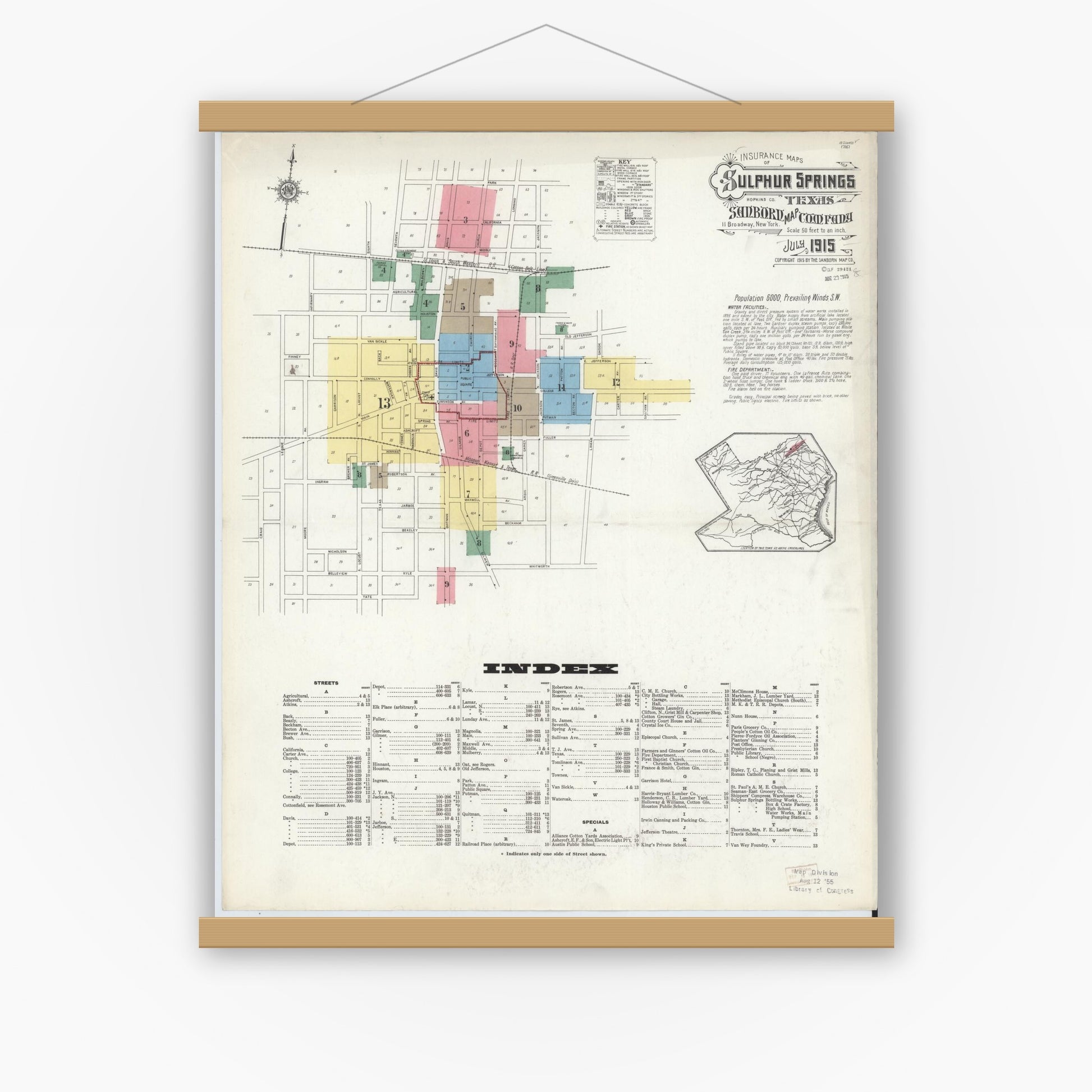 Old map wall art mockup — magnetic wood frame on white wall — Sanborn Fire Insurance Map from Sulphur Springs, Hopkins County, Texas (1915) - Complete Map Set