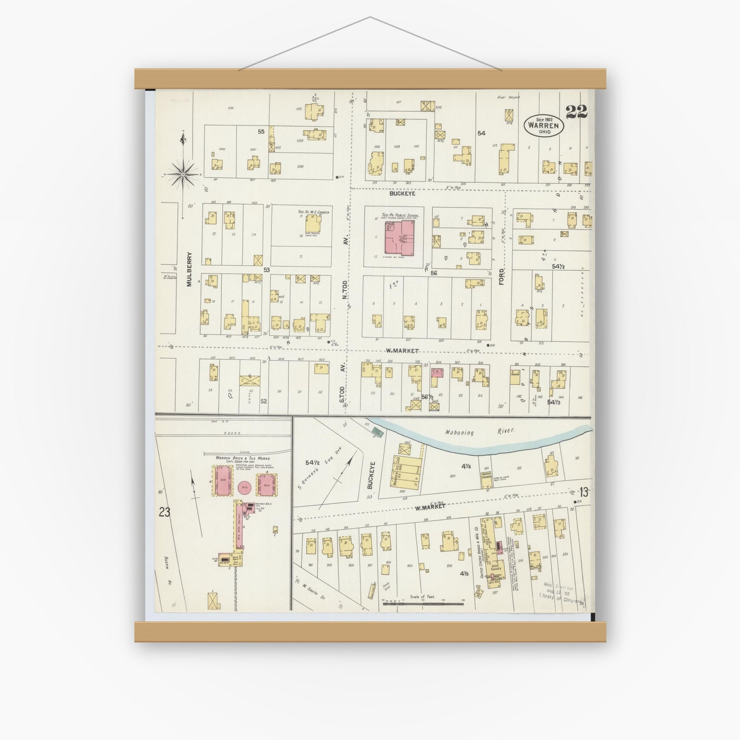 Old map wall art mockup — magnetic wood frame on white wall — Sanborn Fire Insurance Map from Warren, Trumbull County, Ohio (1902), Sheet #0022