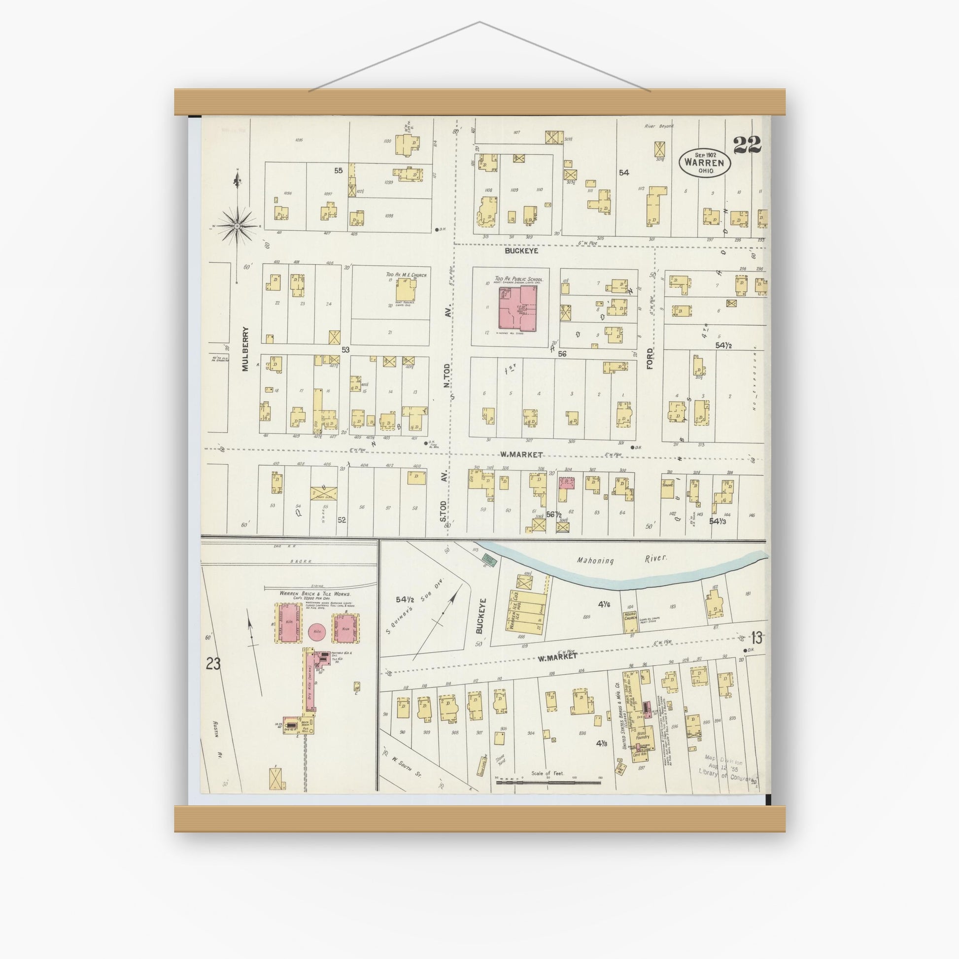 Old map wall art mockup — magnetic wood frame on white wall — Sanborn Fire Insurance Map from Warren, Trumbull County, Ohio (1902), Sheet #0022