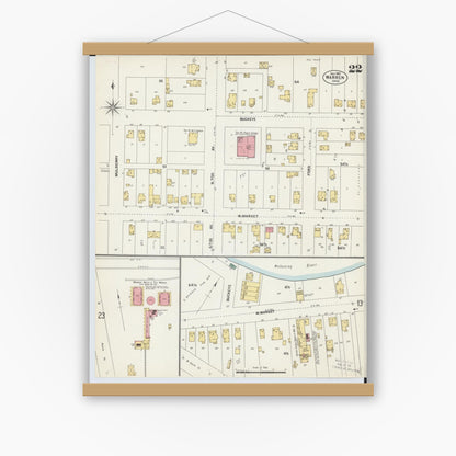 Old map wall art mockup — magnetic wood frame on white wall — Sanborn Fire Insurance Map from Warren, Trumbull County, Ohio (1902), Sheet #0022
