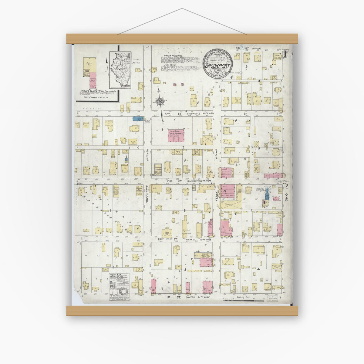 Old map wall art mockup — magnetic wood frame on white wall — Sanborn Fire Insurance Map from Brookport, Massac County, Illinois (1921), Sheet #0001