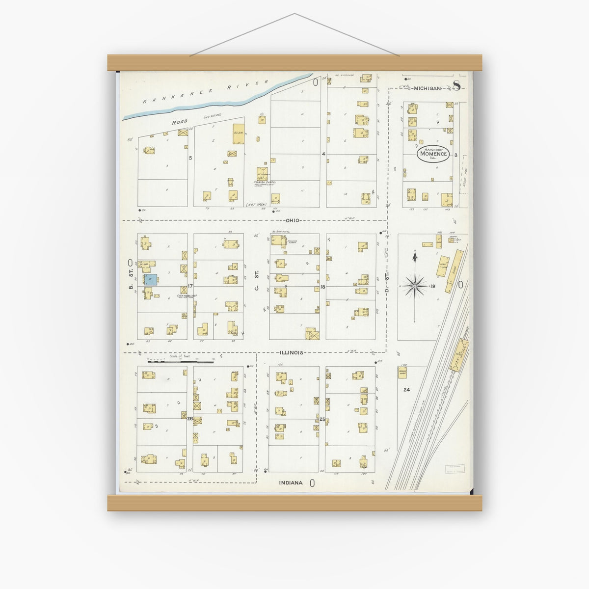 Old map wall art mockup — magnetic wood frame on white wall — Sanborn Fire Insurance Map from Momence, Kankakee County, Illinois (1907), Sheet #0008