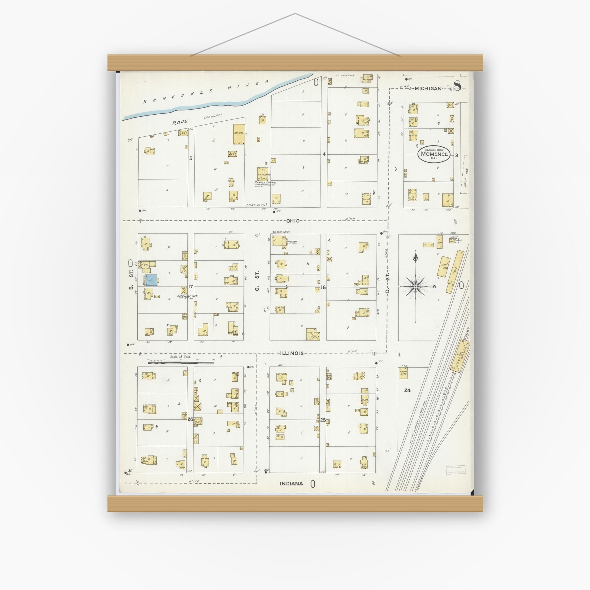 Old map wall art mockup — magnetic wood frame on white wall — Sanborn Fire Insurance Map from Momence, Kankakee County, Illinois (1907), Sheet #0008