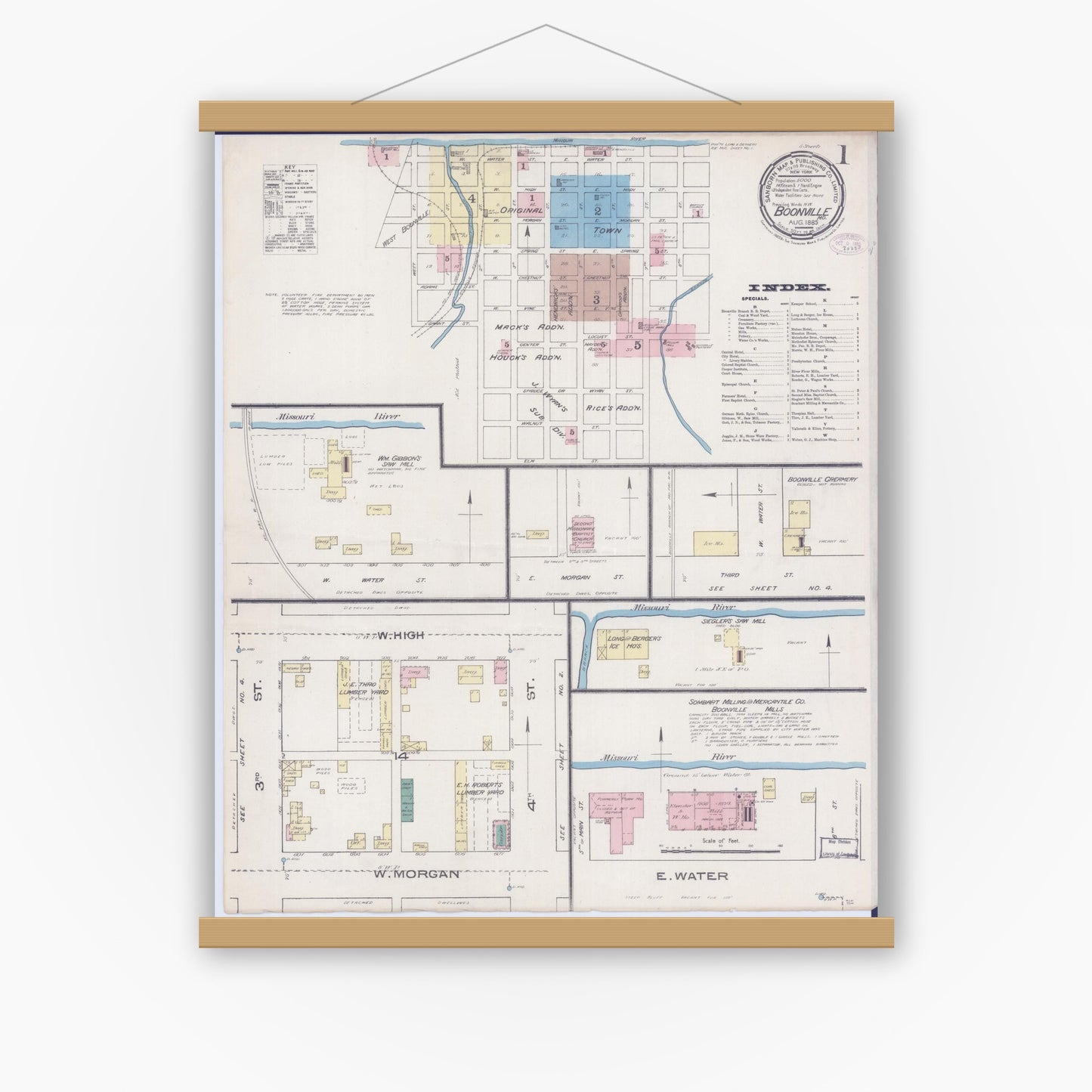 Old map wall art mockup — magnetic wood frame on white wall — Sanborn Fire Insurance Map from Boonville, Cooper County, Missouri (1885) - Complete Map Set