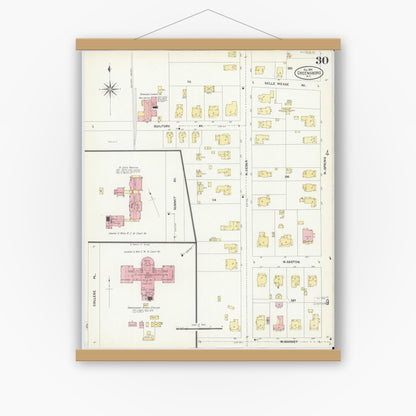 Old map wall art mockup — magnetic wood frame on white wall — Sanborn Fire Insurance Map from Greensboro, Guilford County, North Carolina (1907), Sheet #0030