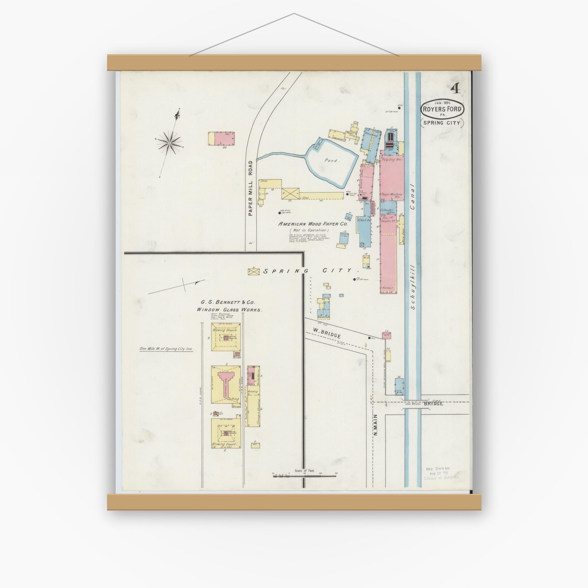 Old map wall art mockup — magnetic wood frame on white wall — Sanborn Fire Insurance Map from Royersford, Montgomery County, Pennsylvania (1895), Sheet #0004