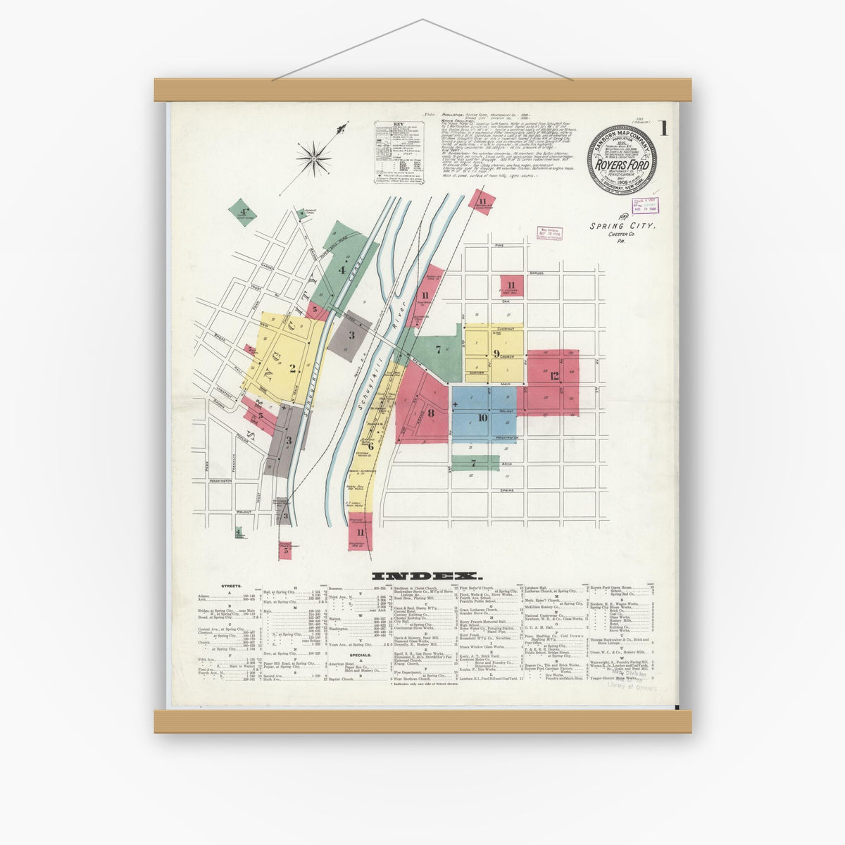 Old map wall art mockup — magnetic wood frame on white wall — Sanborn Fire Insurance Map from Royersford, Montgomery County, Pennsylvania (1909) - Complete Map Set
