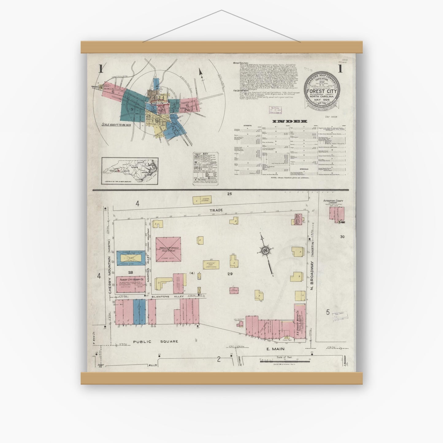 Old map wall art mockup — magnetic wood frame on white wall — Sanborn Fire Insurance Map from Forest City, Rutherford County, North Carolina (1925) - Complete Map Set
