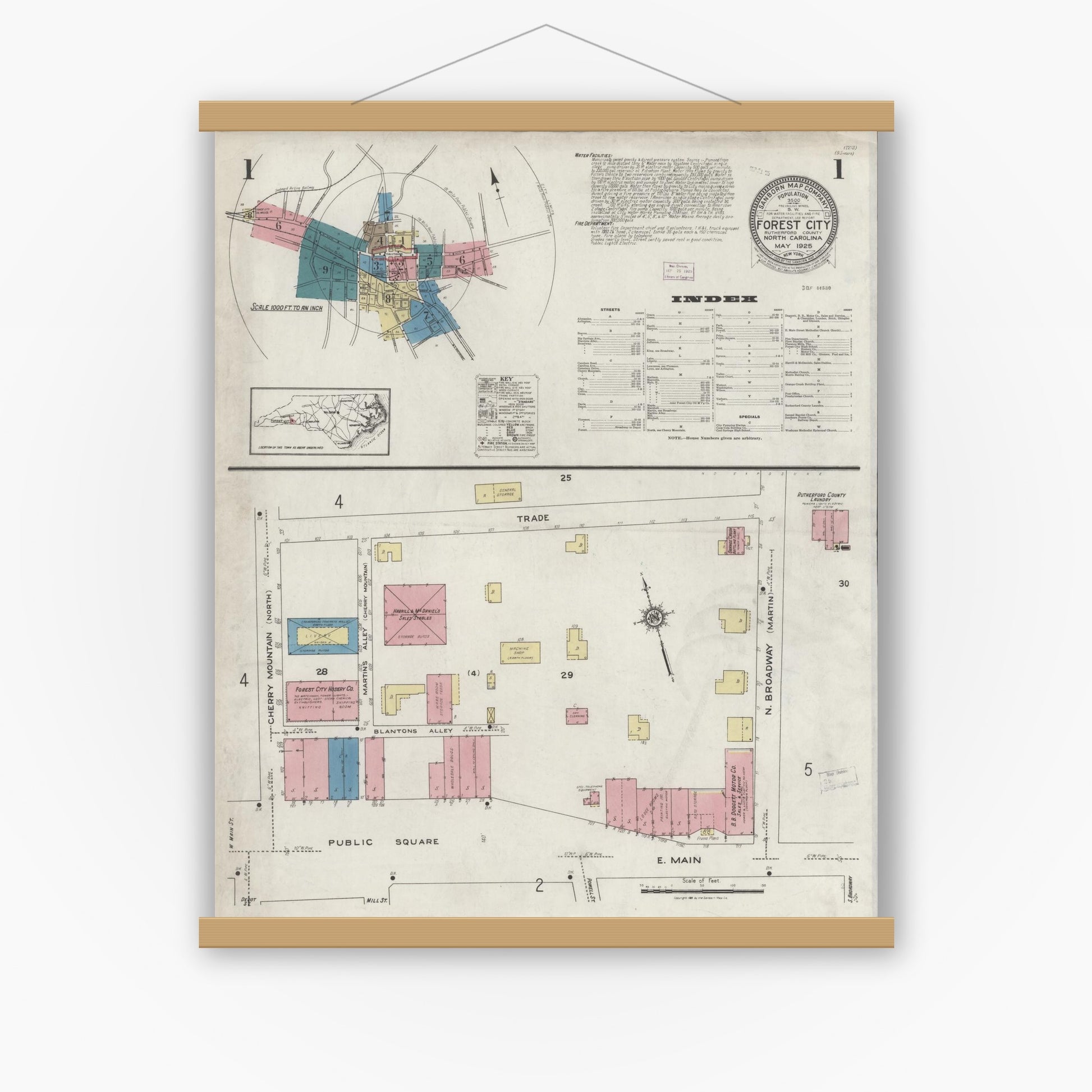 Old map wall art mockup — magnetic wood frame on white wall — Sanborn Fire Insurance Map from Forest City, Rutherford County, North Carolina (1925) - Complete Map Set
