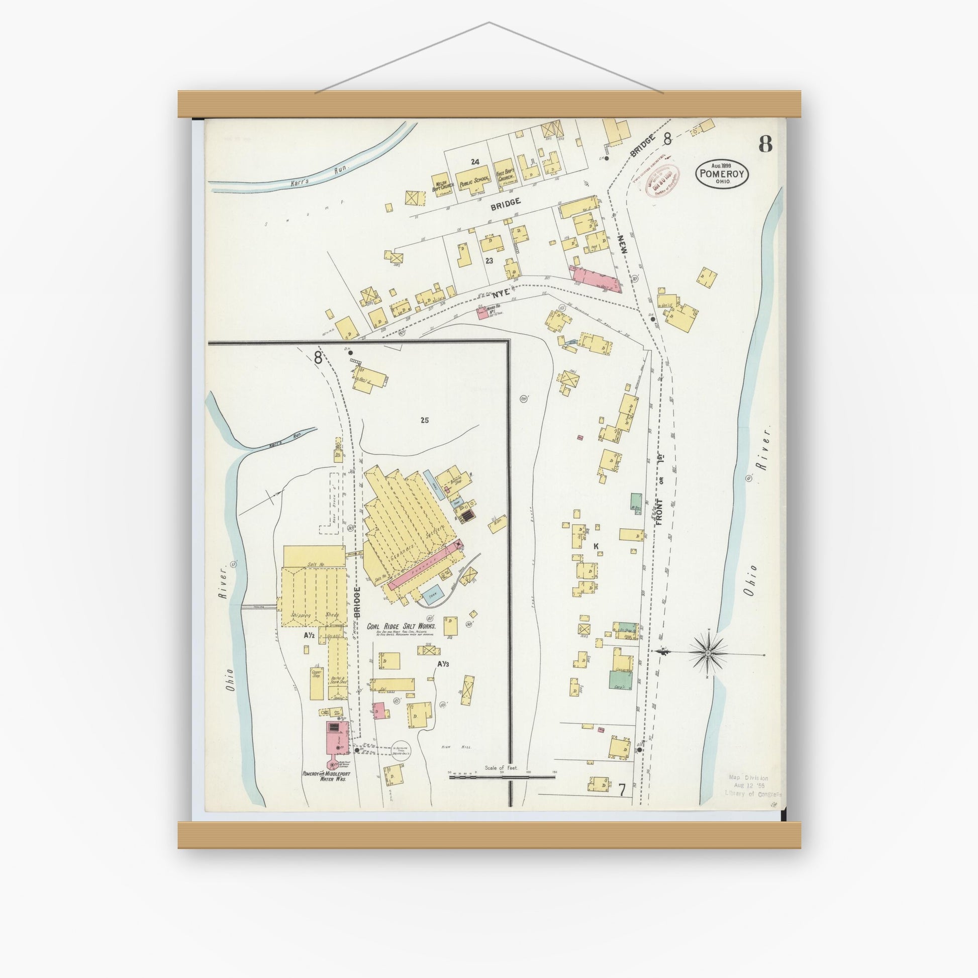 Old map wall art mockup — magnetic wood frame on white wall — Sanborn Fire Insurance Map from Pomeroy, Meigs County, Ohio (1899), Sheet #0008