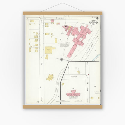 Old map wall art mockup — magnetic wood frame on white wall — Sanborn Fire Insurance Map from Lakewood, Ocean County, New Jersey (1916), Sheet #0004