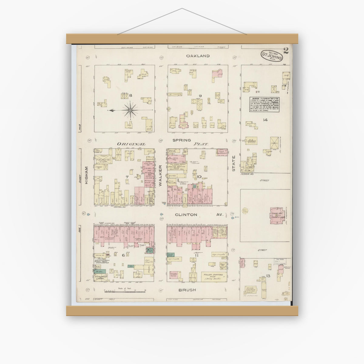 Old map wall art mockup — magnetic wood frame on white wall — Sanborn Fire Insurance Map from Saint Johns, Clinton County, Michigan (1884), Sheet #0002