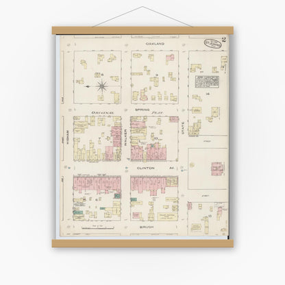 Old map wall art mockup — magnetic wood frame on white wall — Sanborn Fire Insurance Map from Saint Johns, Clinton County, Michigan (1884), Sheet #0002