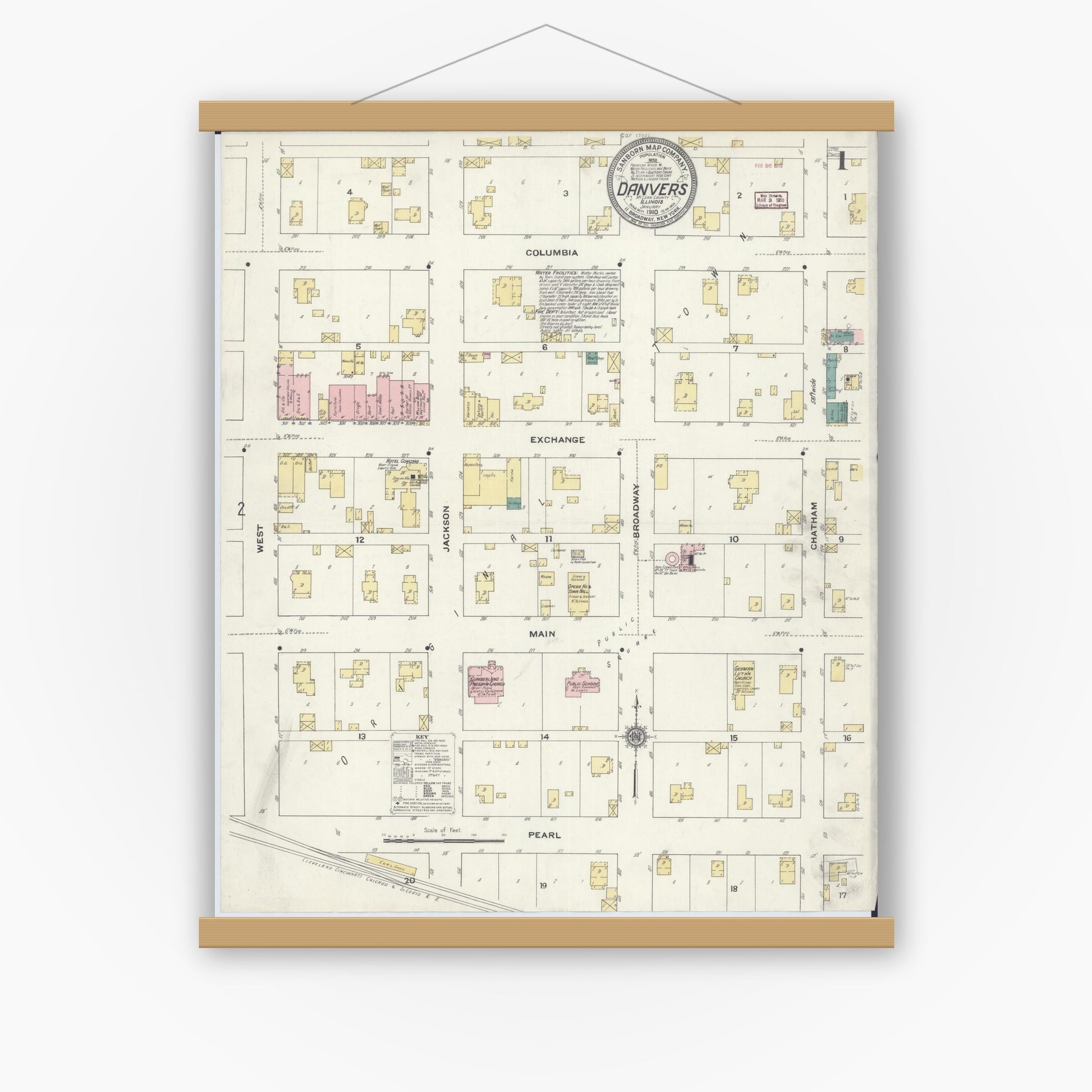 Old map wall art mockup — magnetic wood frame on white wall — Sanborn Fire Insurance Map from Danvers, McLean County, Illinois (1910) - Complete Map Set
