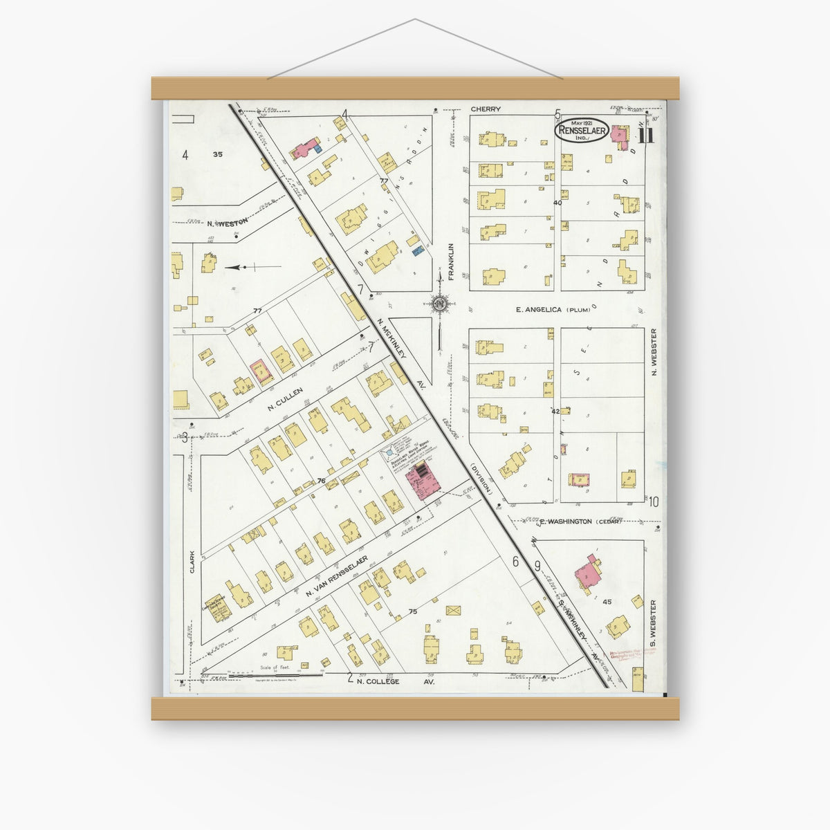Old map wall art mockup — magnetic wood frame on white wall — Sanborn Fire Insurance Map from Rensselaer, Jasper County, Indiana (1921), Sheet #0011