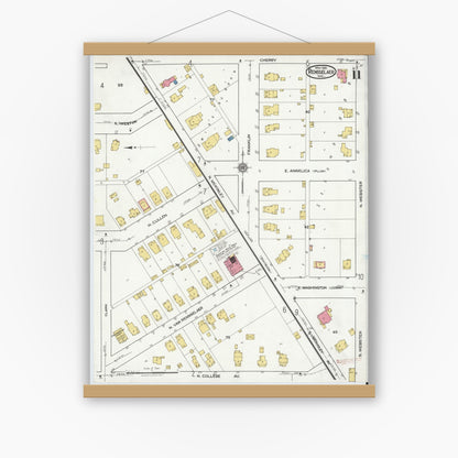 Old map wall art mockup — magnetic wood frame on white wall — Sanborn Fire Insurance Map from Rensselaer, Jasper County, Indiana (1921), Sheet #0011
