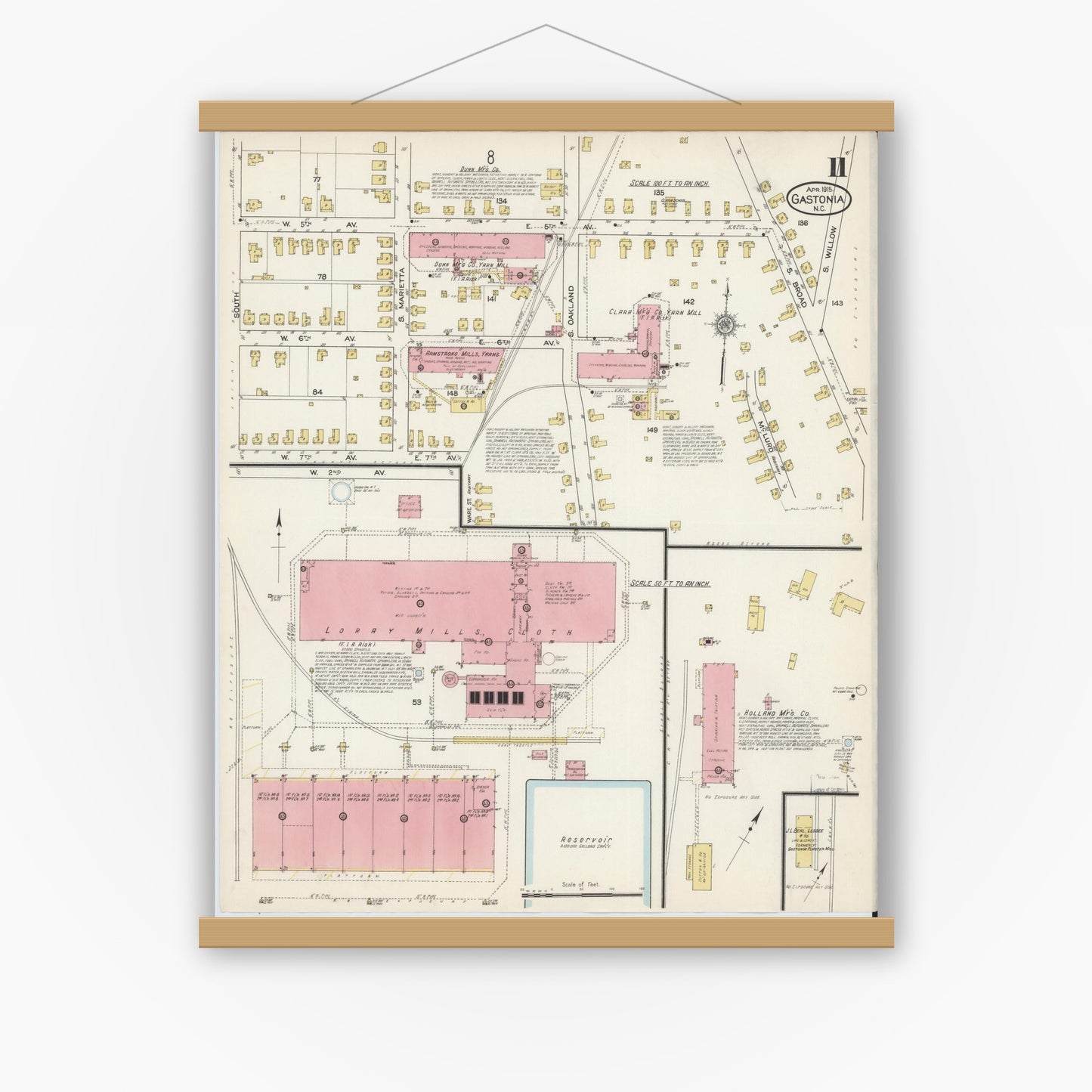 Old map wall art mockup — magnetic wood frame on white wall — Sanborn Fire Insurance Map from Gastonia, Gaston County, North Carolina (1915), Sheet #0011