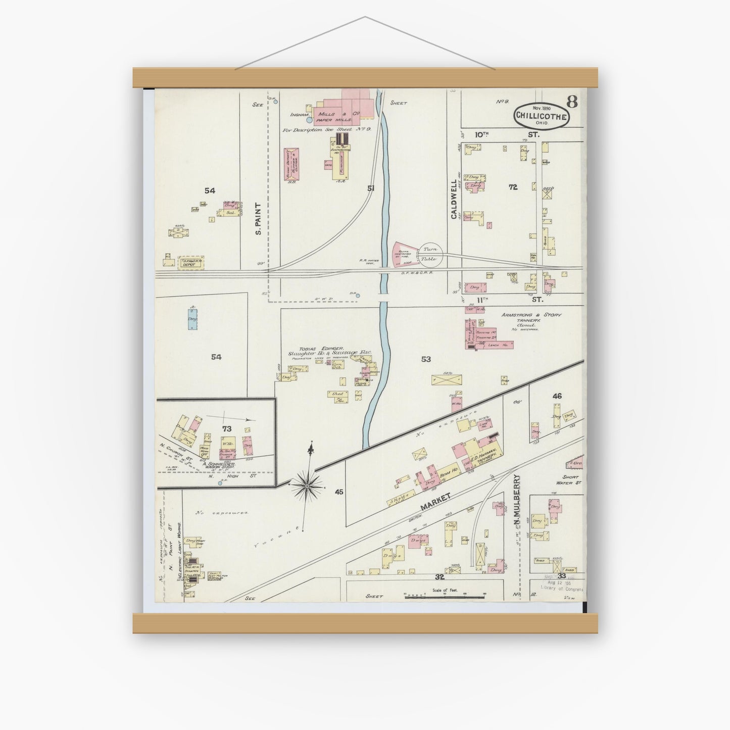 Old map wall art mockup — magnetic wood frame on white wall — Sanborn Fire Insurance Map from Chillicothe, Ross County, Ohio (1890), Sheet #0008