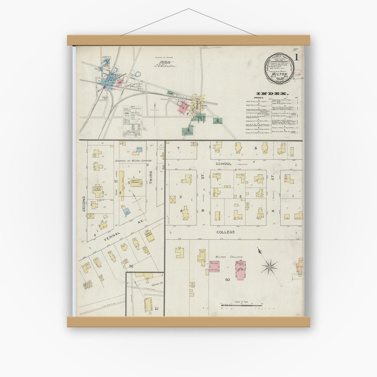 Old map wall art mockup — magnetic wood frame on white wall — Sanborn Fire Insurance Map from Milton, Rock County, Wisconsin (1894) - Complete Map Set