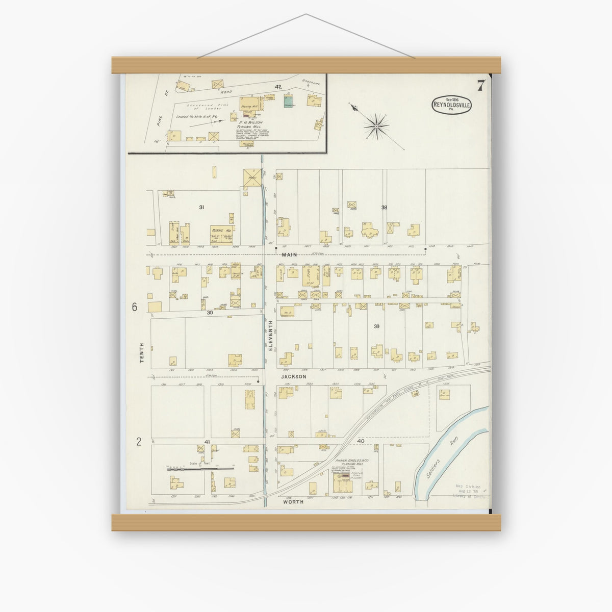Old map wall art mockup — magnetic wood frame on white wall — Sanborn Fire Insurance Map from Reynoldsville, Jefferson County, Pennsylvania (1896), Sheet #0007