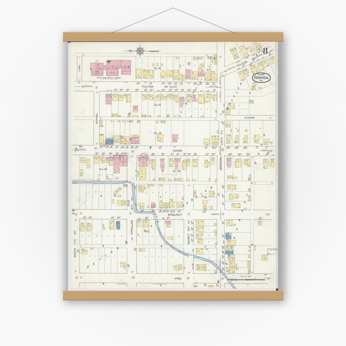 Old map wall art mockup — magnetic wood frame on white wall — Sanborn Fire Insurance Map from Hannibal, Marion County, Missouri (1913), Sheet #0008