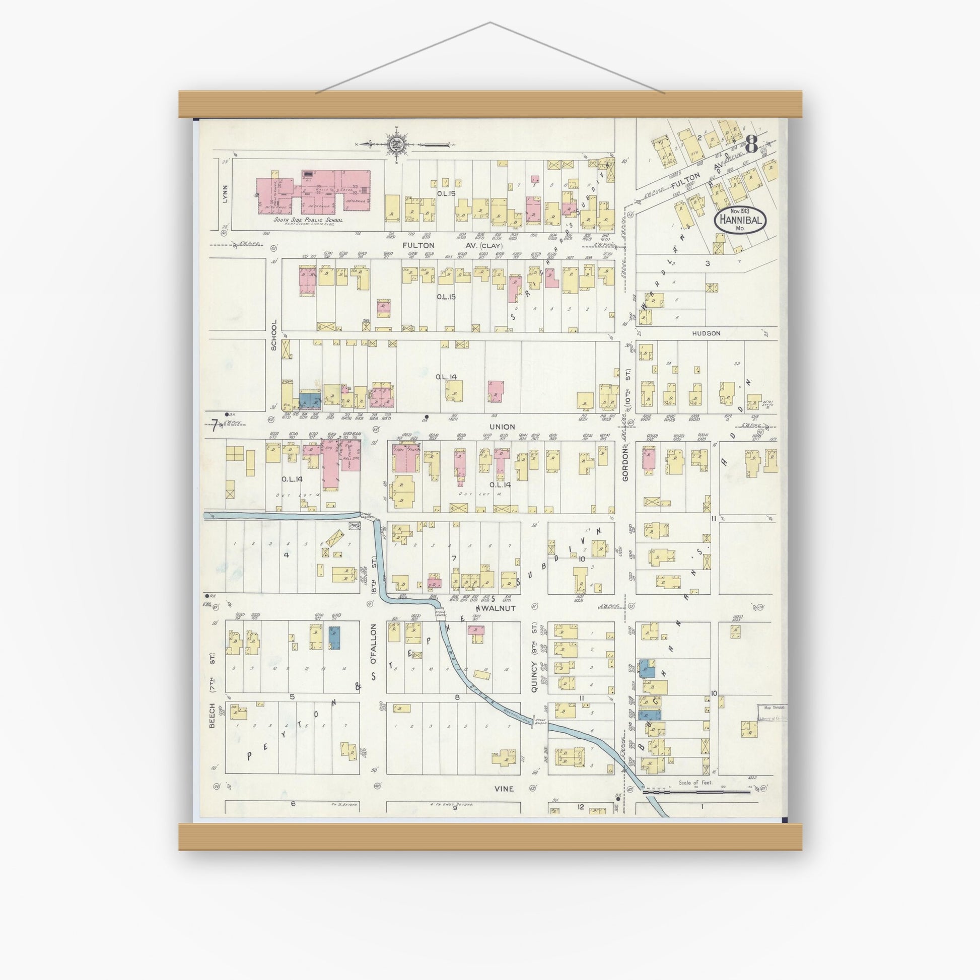 Old map wall art mockup — magnetic wood frame on white wall — Sanborn Fire Insurance Map from Hannibal, Marion County, Missouri (1913), Sheet #0008