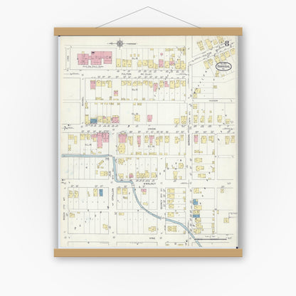 Old map wall art mockup — magnetic wood frame on white wall — Sanborn Fire Insurance Map from Hannibal, Marion County, Missouri (1913), Sheet #0008