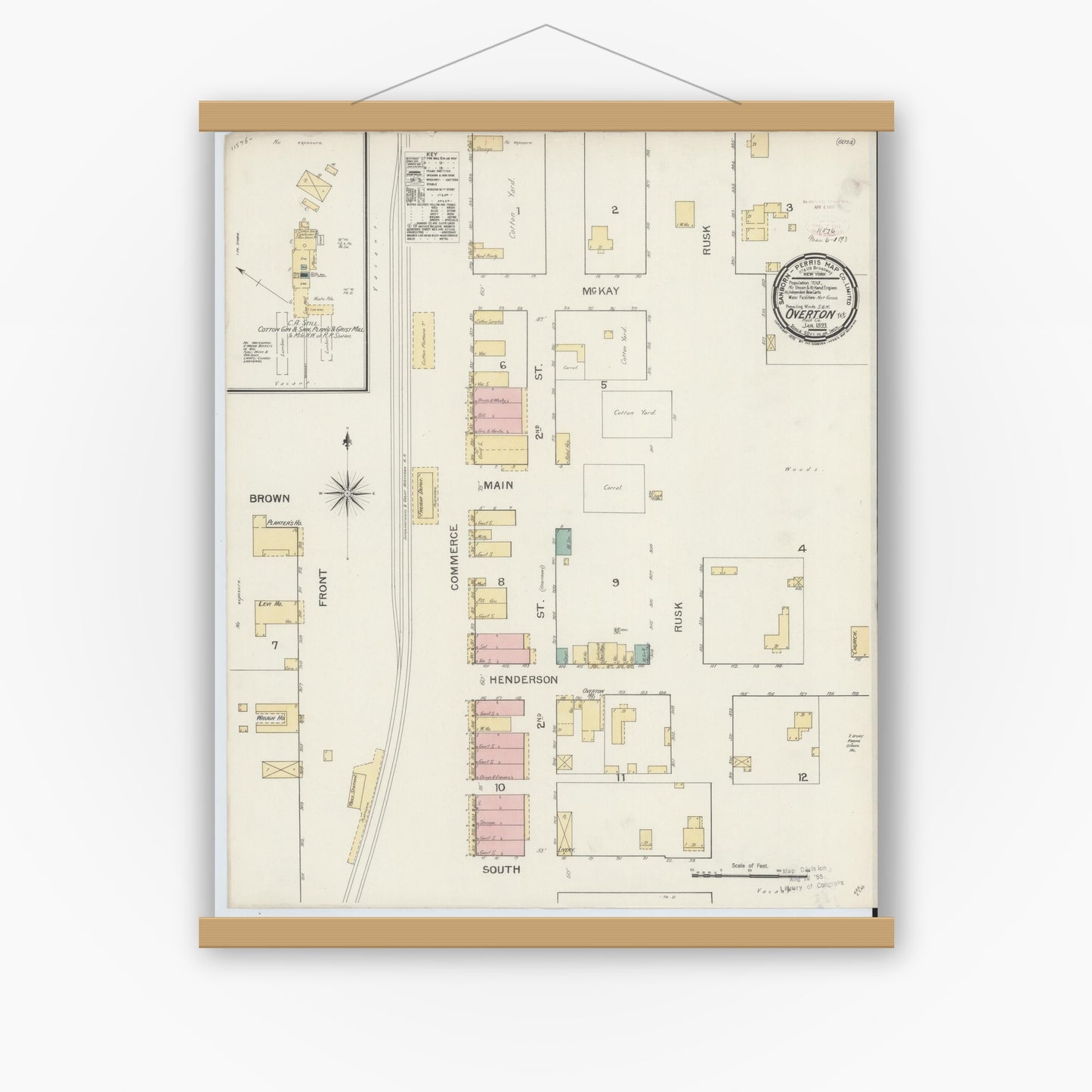Old map wall art mockup — magnetic wood frame on white wall — Sanborn Fire Insurance Map from Overton, Rusk County, Texas (1893), Sheet #0001