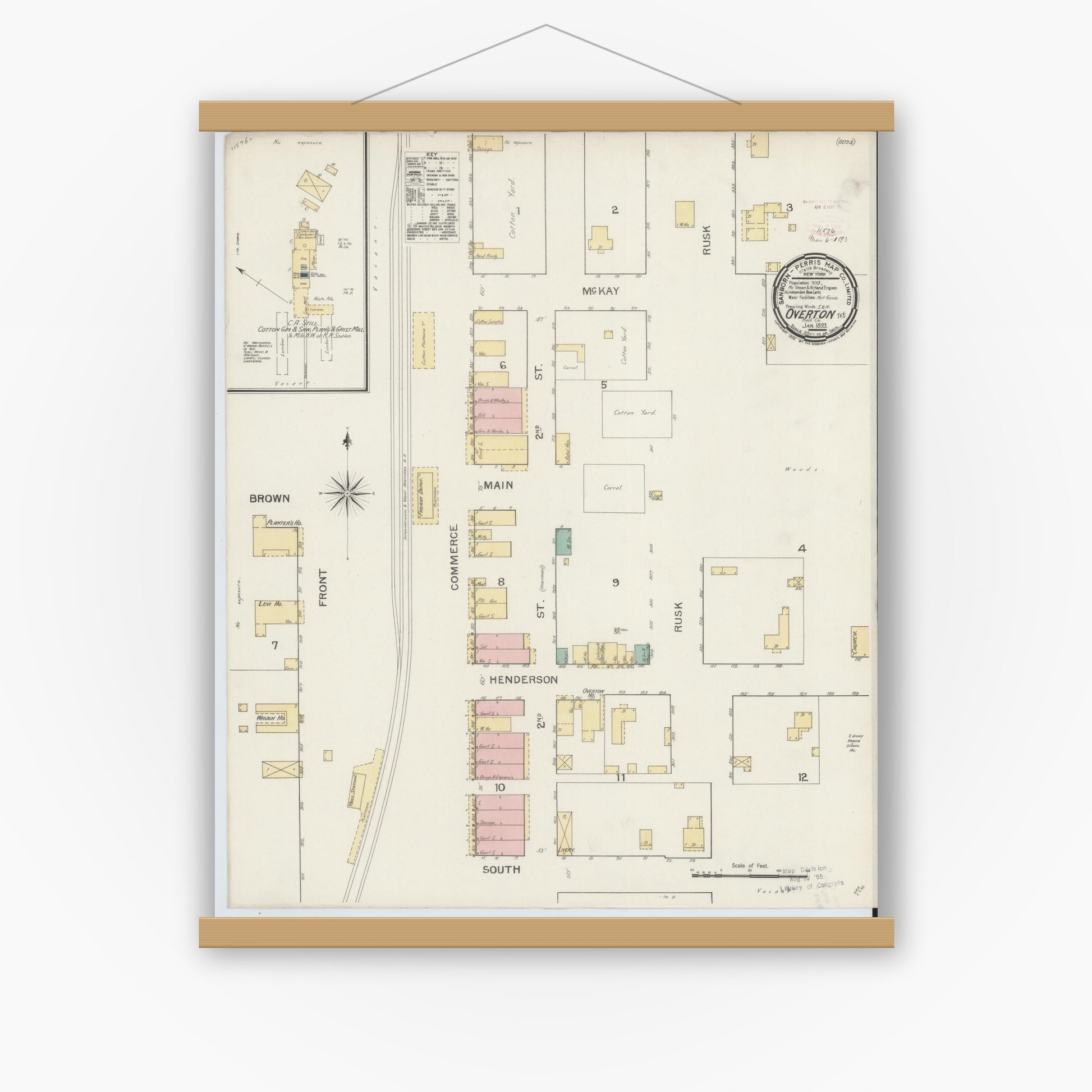 Old map wall art mockup — magnetic wood frame on white wall — Sanborn Fire Insurance Map from Overton, Rusk County, Texas (1893), Sheet #0001