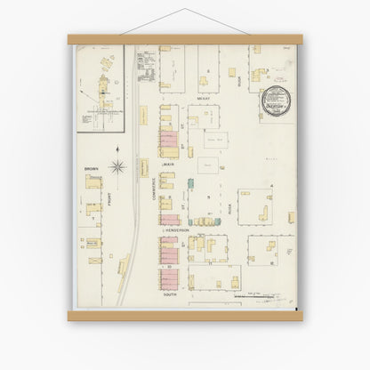 Old map wall art mockup — magnetic wood frame on white wall — Sanborn Fire Insurance Map from Overton, Rusk County, Texas (1893), Sheet #0001
