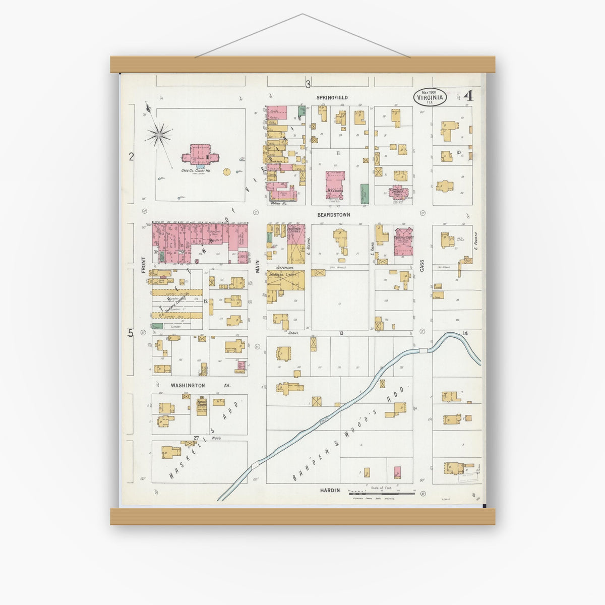Old map wall art mockup — magnetic wood frame on white wall — Sanborn Fire Insurance Map from Virginia, Cass County, Illinois (1900), Sheet #0004