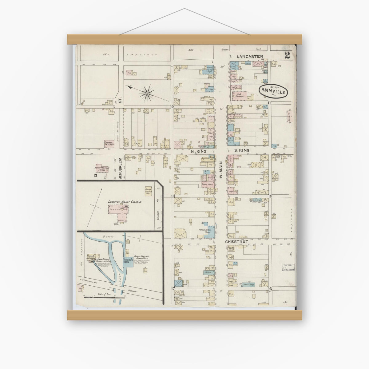 Old map wall art mockup — magnetic wood frame on white wall — Sanborn Fire Insurance Map from Annville, Lebanon County, Pennsylvania (1887), Sheet #0002