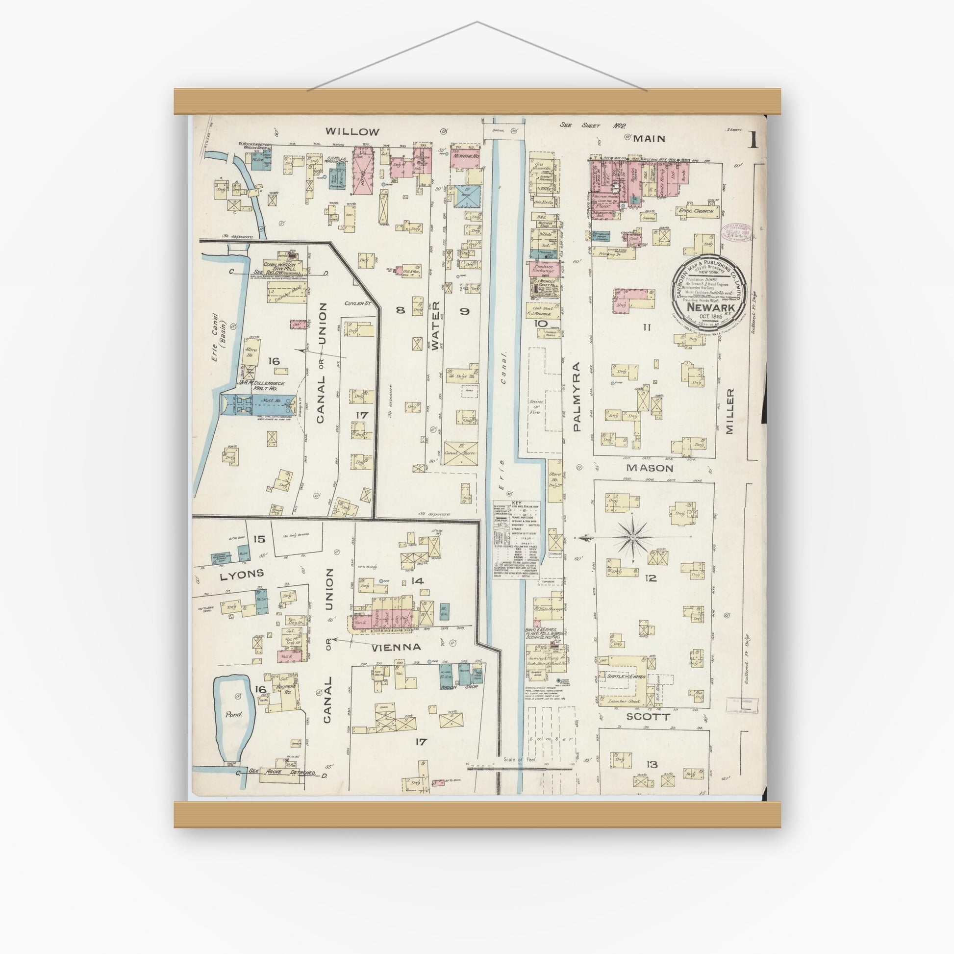 Old map wall art mockup — magnetic wood frame on white wall — Sanborn Fire Insurance Map from Newark, Wayne County, New York (1885), Sheet #0001