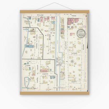Old map wall art mockup — magnetic wood frame on white wall — Sanborn Fire Insurance Map from Newark, Wayne County, New York (1885), Sheet #0001