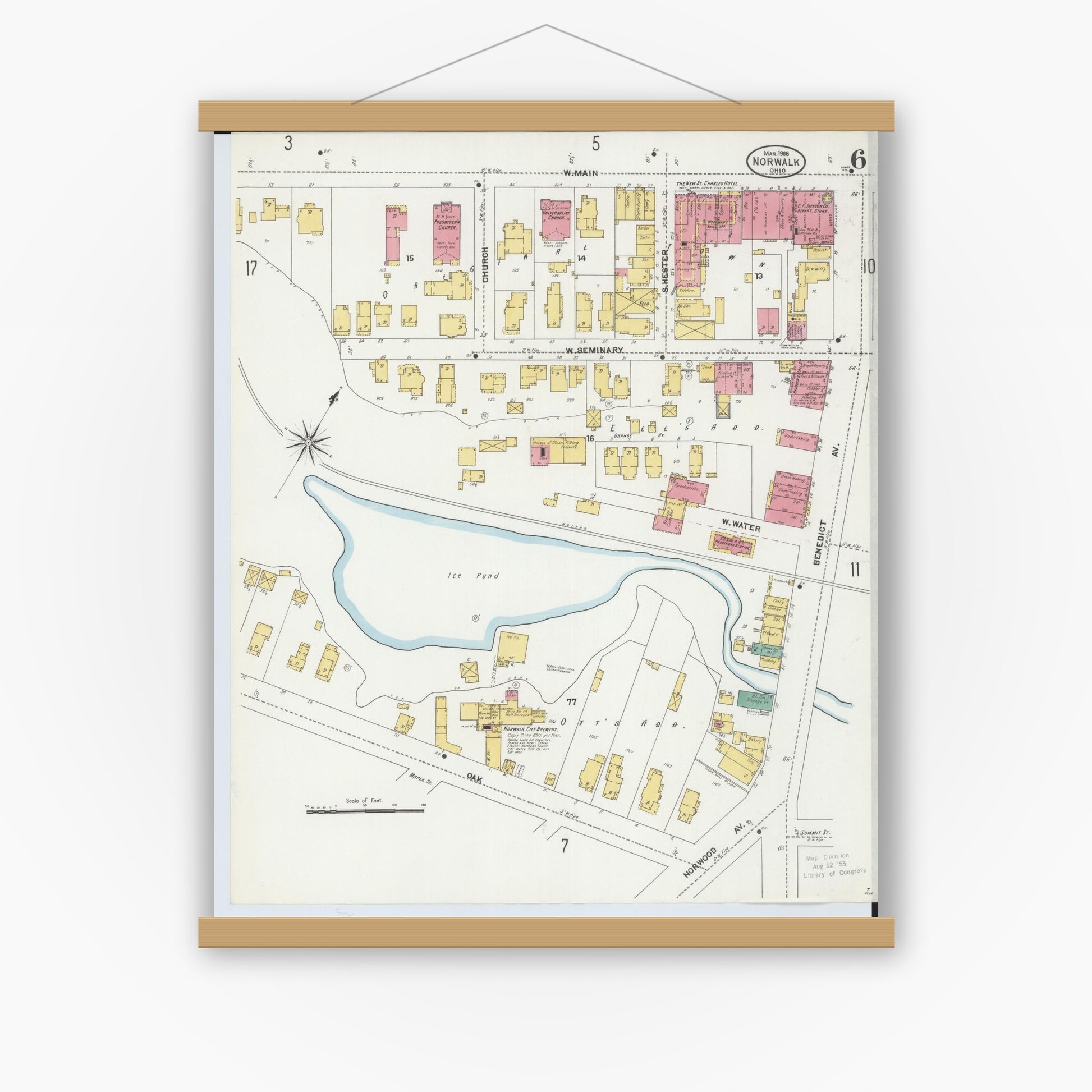 Old map wall art mockup — magnetic wood frame on white wall — Sanborn Fire Insurance Map from Norwalk, Huron County, Ohio (1906), Sheet #0006